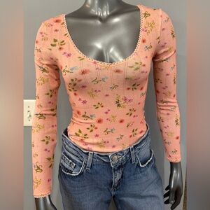 NWT LoveShackFancy Ceylon Peach Twirl Floral Scoop Neck Long Sleeve Bodysuit